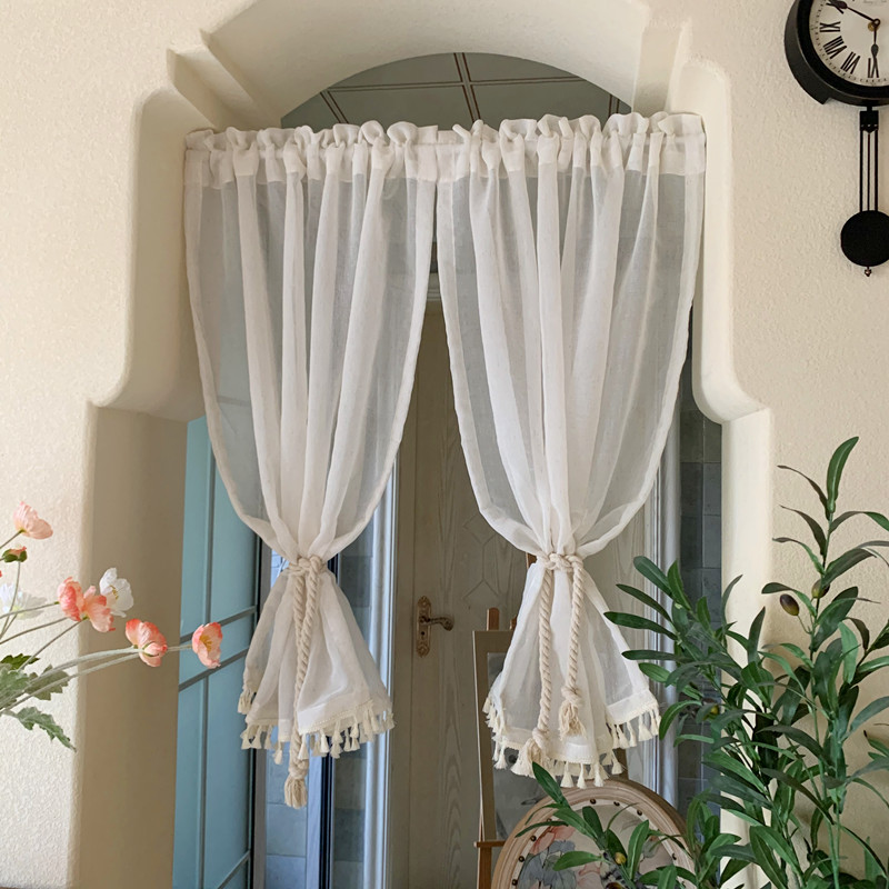 美式日式现代h简约飘窗窗帘亚麻纱帘门帘隔断帘免打孔安装书房厨