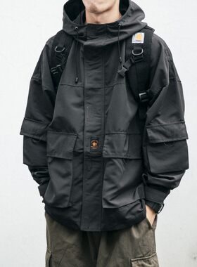 秋季工装外套男日系复古连帽冲锋衣韩版潮流宽松上衣百搭休闲夹克