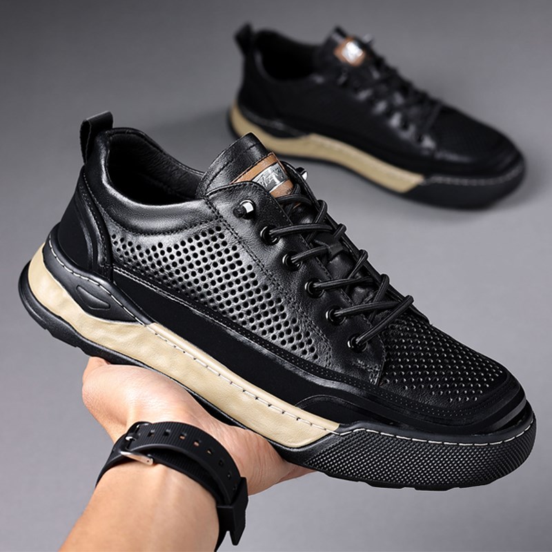 透气男鞋夏季2025新款真皮头层牛皮厚底运动休闲板鞋镂空洞洞皮鞋