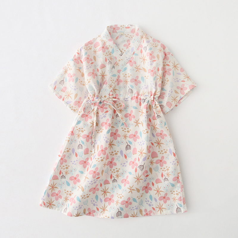 夏季薄款纯棉纱布女童短袖和服睡袍女孩睡M裙儿童睡衣家居服亲子