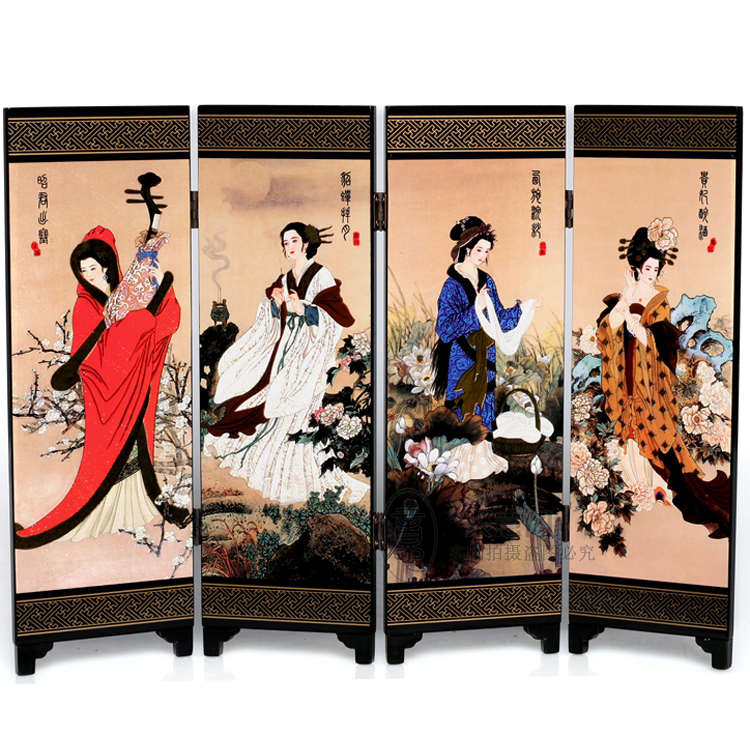 扇漆器小商e务礼品4家居装饰屏风摆件办公中国四大美女特色工艺品