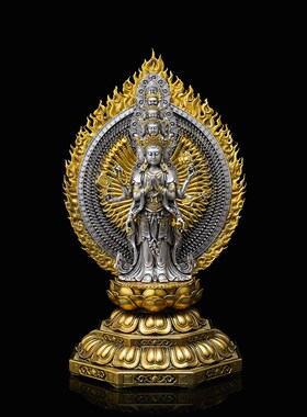 精品古法鎏银做旧23厘米白铜黄铜立式千手观音佛像桌面摆件臻品