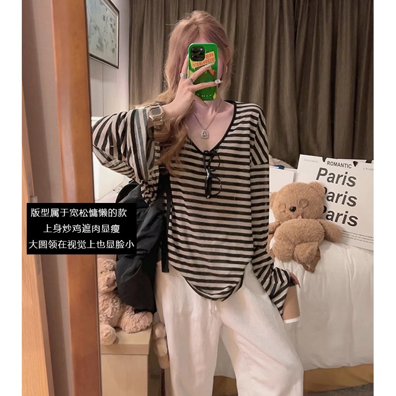 孕妇装夏春秋季新款针织长袖T恤罩衫纸片人条纹防晒衫v领套头衫女
