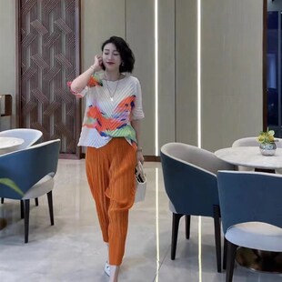 褶皱套装女不规h则上衣加萝卜裤两件套时尚洋气妈妈夏衣服裤子宽