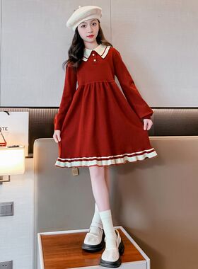 女童连衣裙秋冬款2024新款儿y童洋气时髦红色毛衣裙子大童过年冬