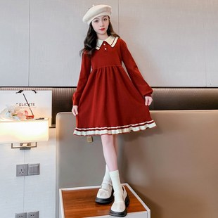 女童连衣裙秋冬款2024新款儿y童洋气时髦红色毛衣裙子大童过年冬