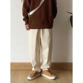 B东日系男装 男 长裤 冬简约刺绣宽松米白色牛仔裤 垂感直筒休闲裤