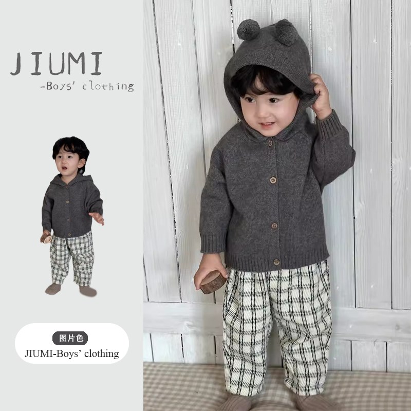 儿童秋季2024新款洋气连帽毛衣外套男宝宝韩版童装男童休闲裤套装