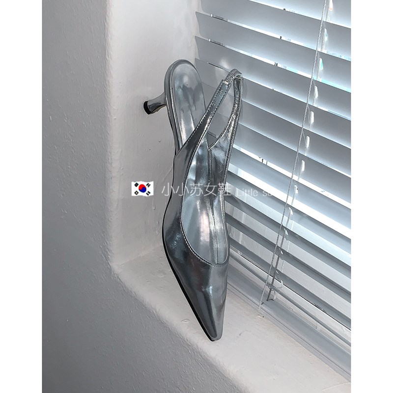 小小苏韩国猫跟鞋子女春夏季浅口一字松紧后绊带细跟银色尖头凉鞋