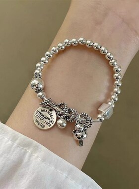 纯银手链女款2024年新款银饰品复古法银手镯招财猫圆珠弹力绳手串