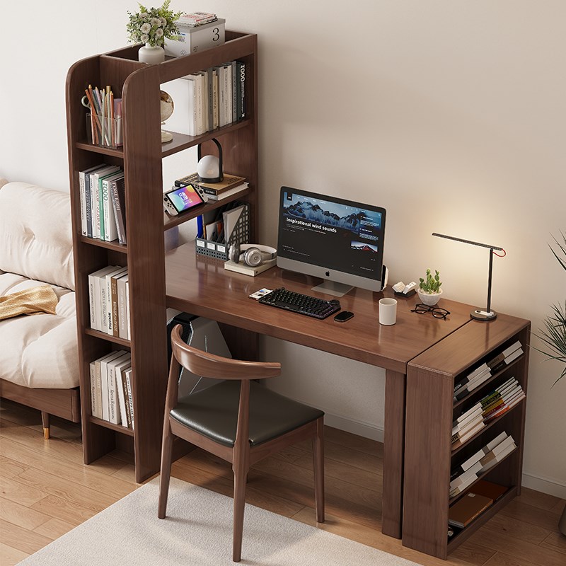 实木转角书桌书架书柜组合一体桌家用办公桌学生学习桌大板电脑桌