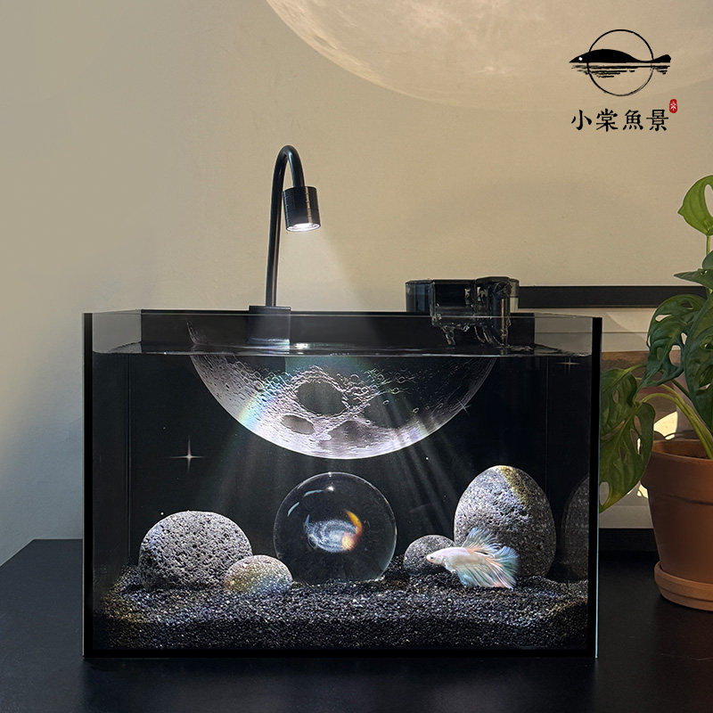 暗黑系鱼缸小型客厅新款造景斗鱼缸客厅桌面免换水超白玻璃小鱼缸