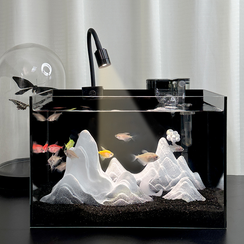 雪山造景斗鱼缸创意桌面水底世界景观自循环小型客厅超白玻璃鱼缸