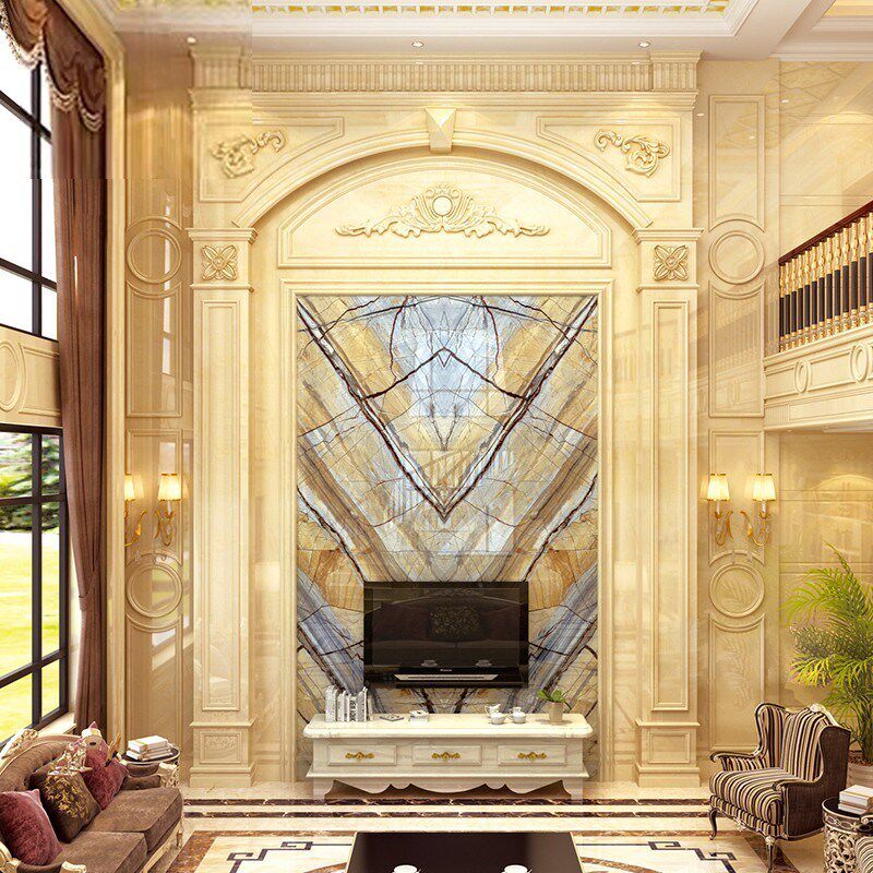 复式楼微晶石电j视背景墙瓷砖客厅别墅挑空大理石岩板影视墙装饰