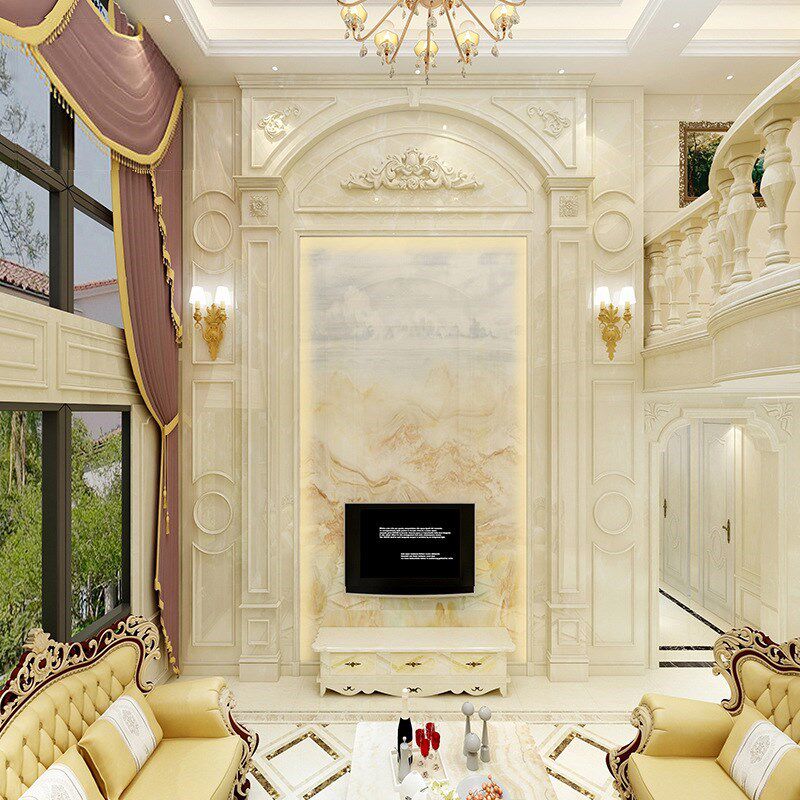 复式楼微晶石电视背景墙瓷砖客厅别墅挑空大理石岩板影视墙装饰