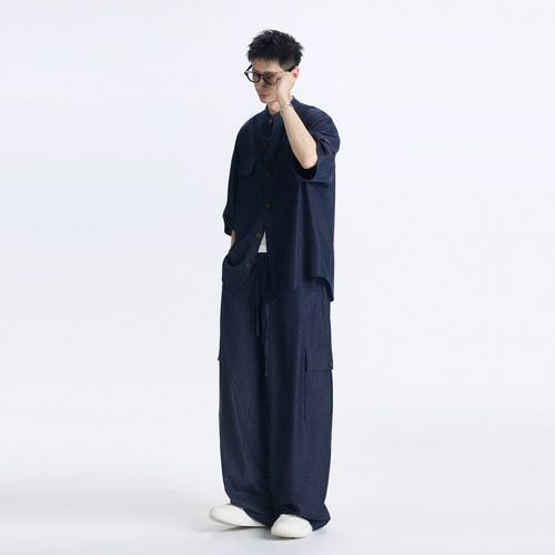 E77.GCCDUP『青岚渡』天丝亚麻立领工装衬衫阔腿裤休闲时尚套装