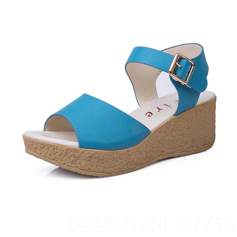 正品夏妈季新款松糕底学生女凉鞋33小码34真皮跟鱼厚嘴妈鞋高41大