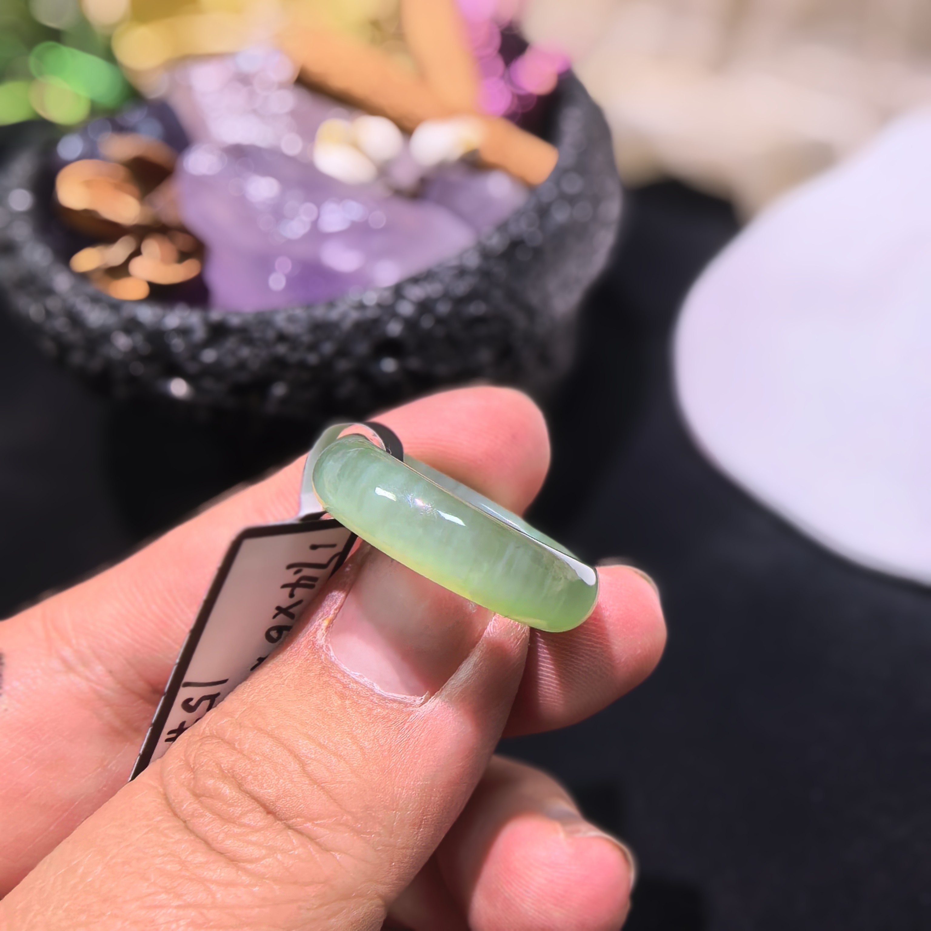 和田玉碧玉粉绿花猫眼戒指包容猫眼纹针尖矿点戒圈