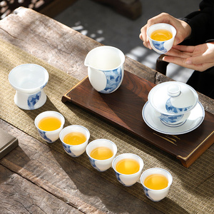 羊脂玉白瓷手绘功夫茶具套装2023新款盖碗茶杯泡茶家用高档礼盒装