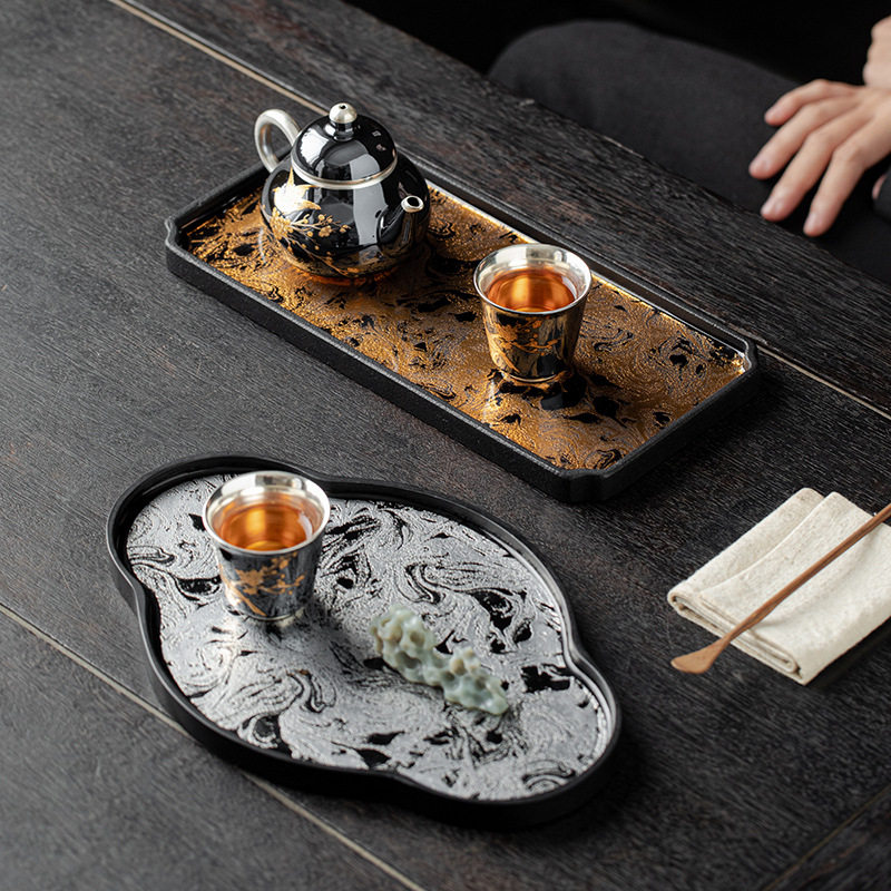 仿古大漆乌金石干泡盘家用小型茶台现代简约茶盘托盘壶承茶配件