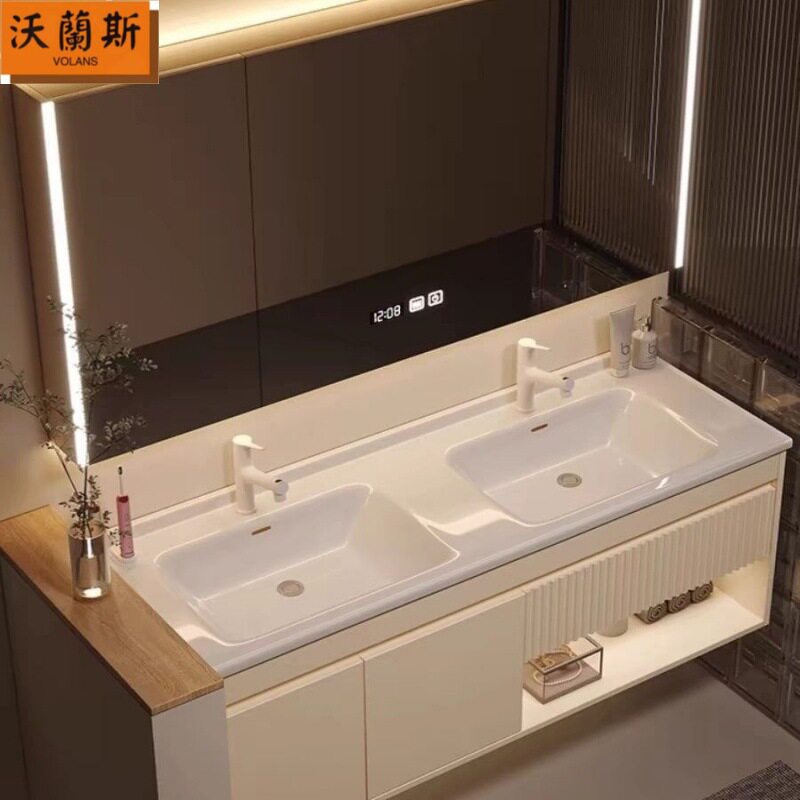 双盆陶瓷一体实木智能浴室柜