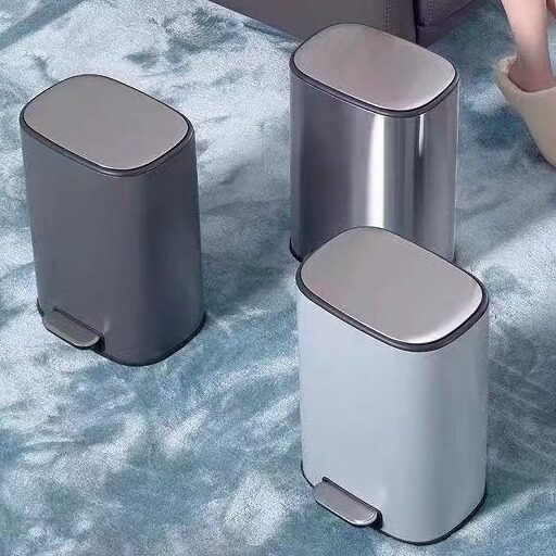 跨境批发15升不锈钢加厚静音缓降客厅厨房翻盖家用垃圾桶大容量