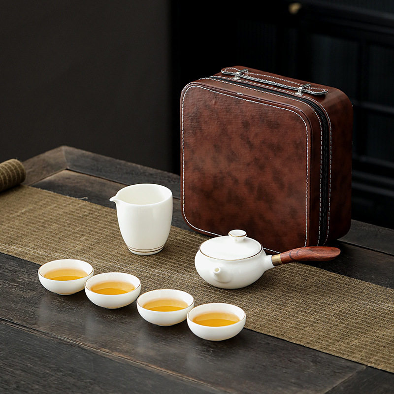 羊脂玉旅行茶具套装便携包一壶四杯白瓷功夫家用简约小茶具套装礼