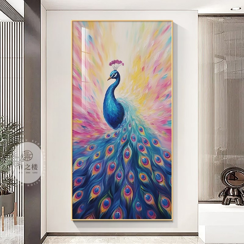 孔雀开屏玄关装饰画奶油肌理感油画新款富L贵吉祥走廊过道客厅挂图片