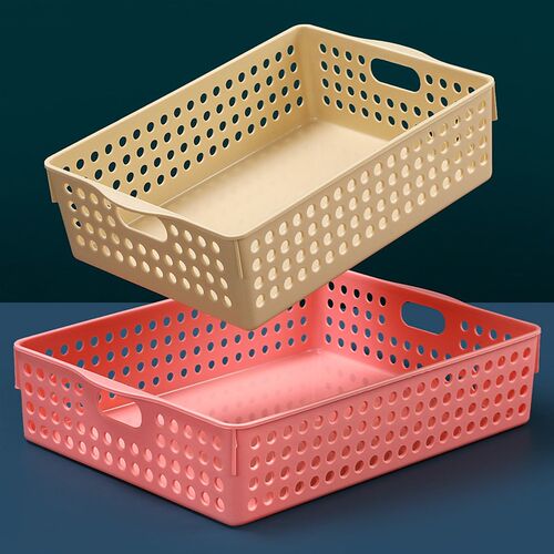 茶花长方形桌面收纳篮塑料镂空收纳筐厨房零食文件收纳盒浴室洗澡