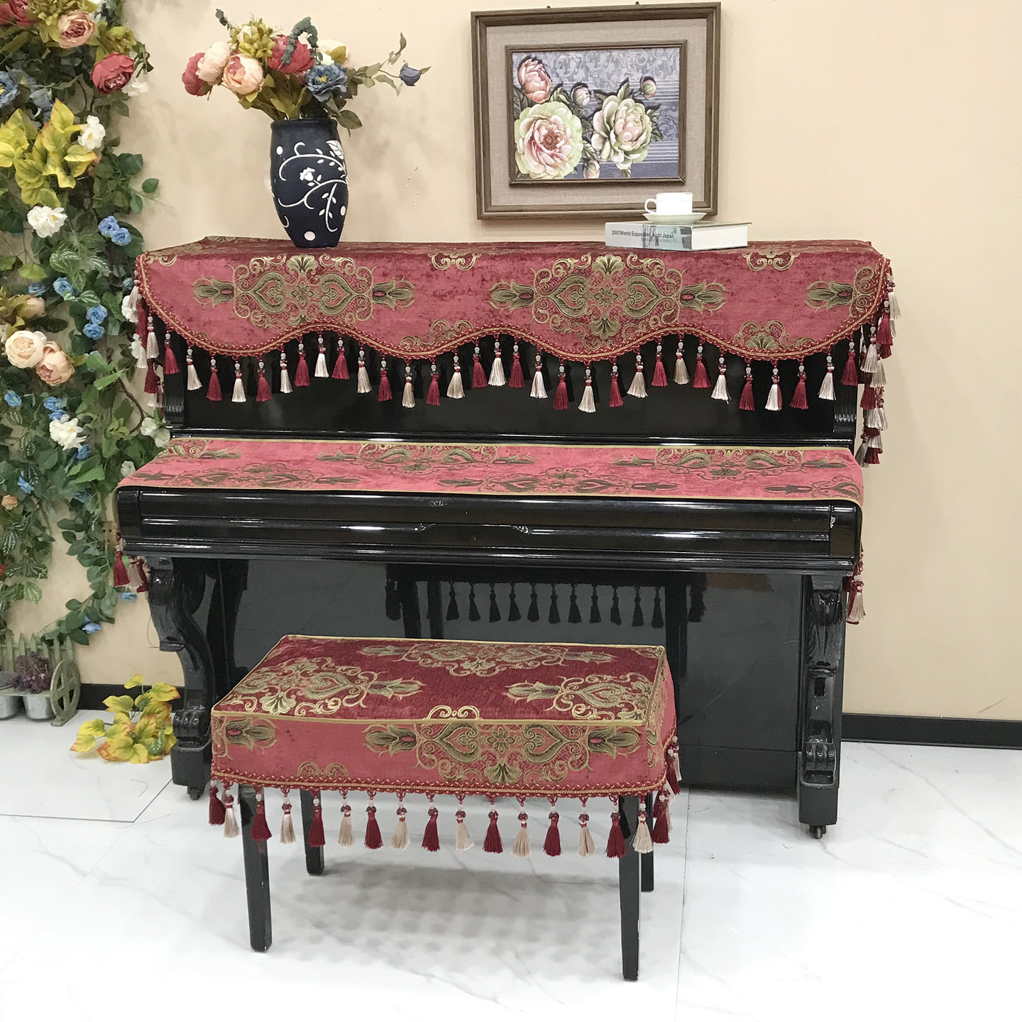 欧式钢琴罩钢琴防尘罩高级感钢琴披罩轻奢盖布简约现代百搭琴凳套