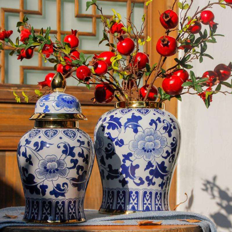 青花瓷描金陶瓷器摆件客厅插花新中式复古餐桌百合大肚花器储物罐