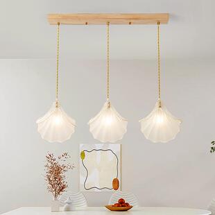 法式珍珠贝壳餐厅实木吊灯日式原木风民宿吧台长饭桌岛台吊灯三头