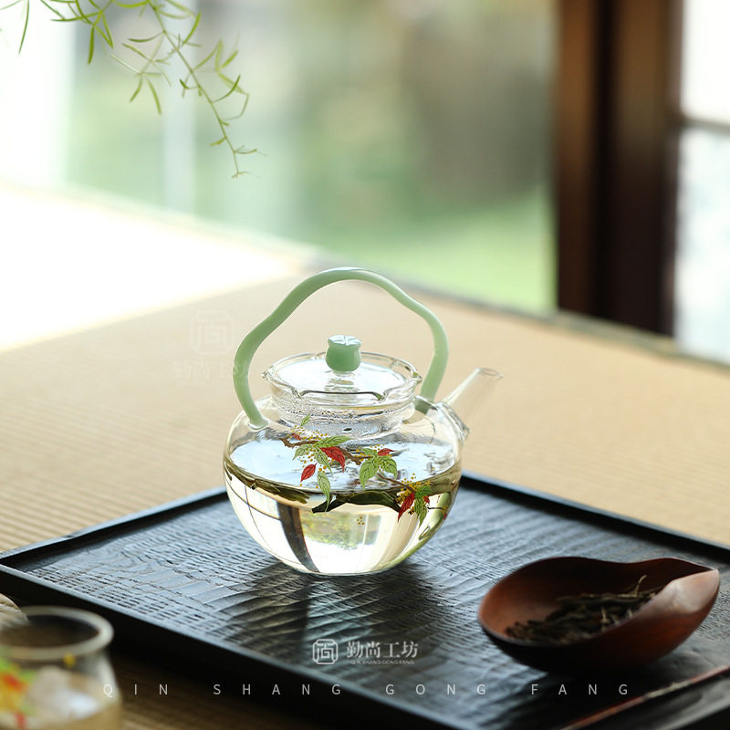 手工贴花桂花提梁壶加厚耐高温玻璃绿茶专用泡茶壶可明火煮茶壶