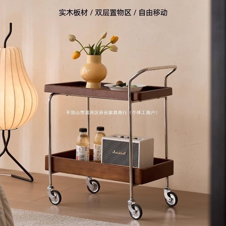 实木小推车双层实木边几可移动中古小推车餐车家用客厅收纳置物架
