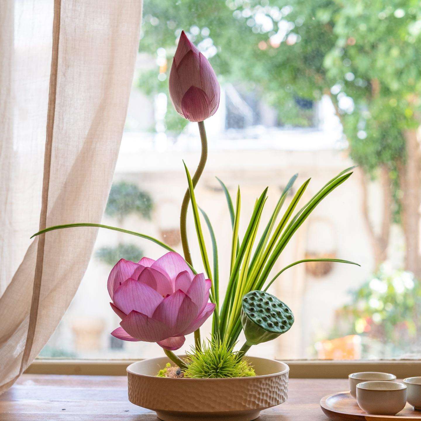 海虹景品荷花花感逼真餐桌茶室玄关客厅小型盆栽假花摆件