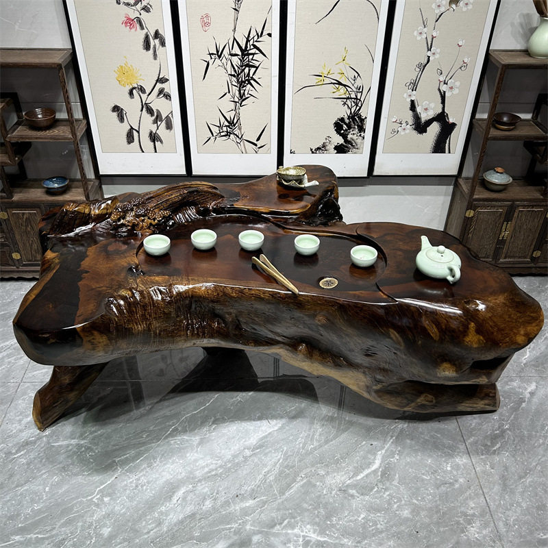 根雕茶台树桩整体树根茶台香樟木茶桌实木茶几树头原木鸡翅木茶海图片