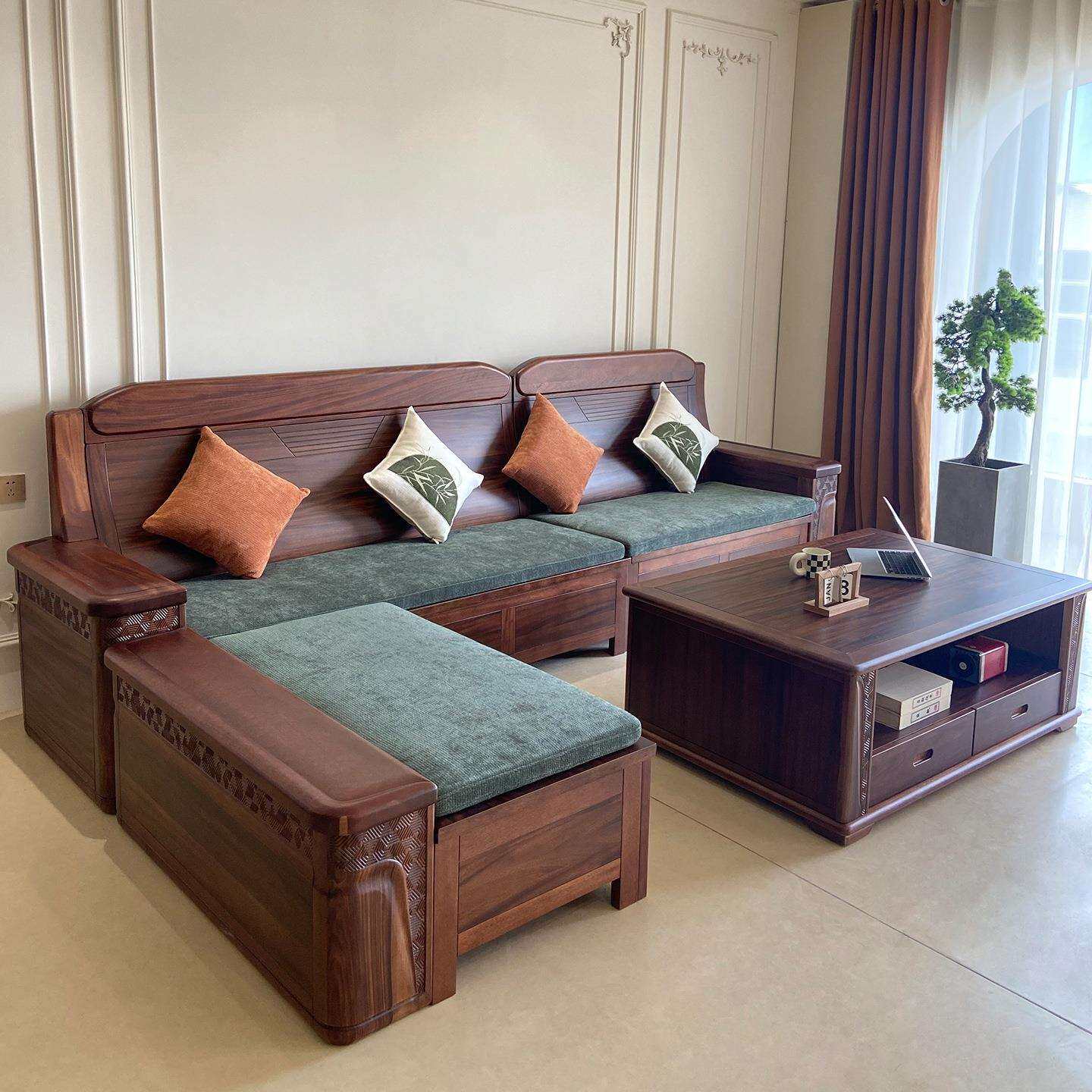 厚重黑胡桃木实木沙发中式客厅两用储物2026新款贵妃组合木质家具