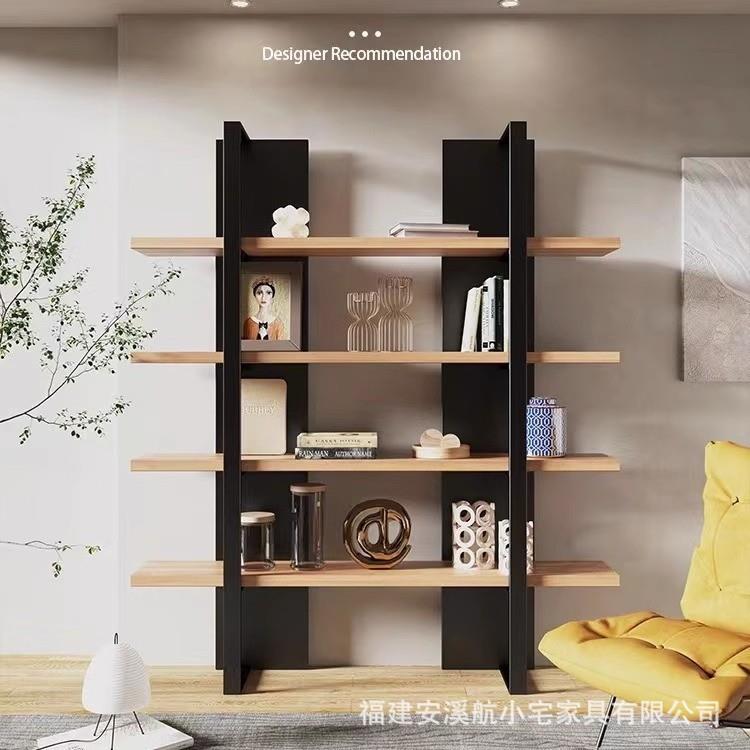 原木风铁艺书架置物架落地式靠墙现代简约客厅实木多层收纳展示架