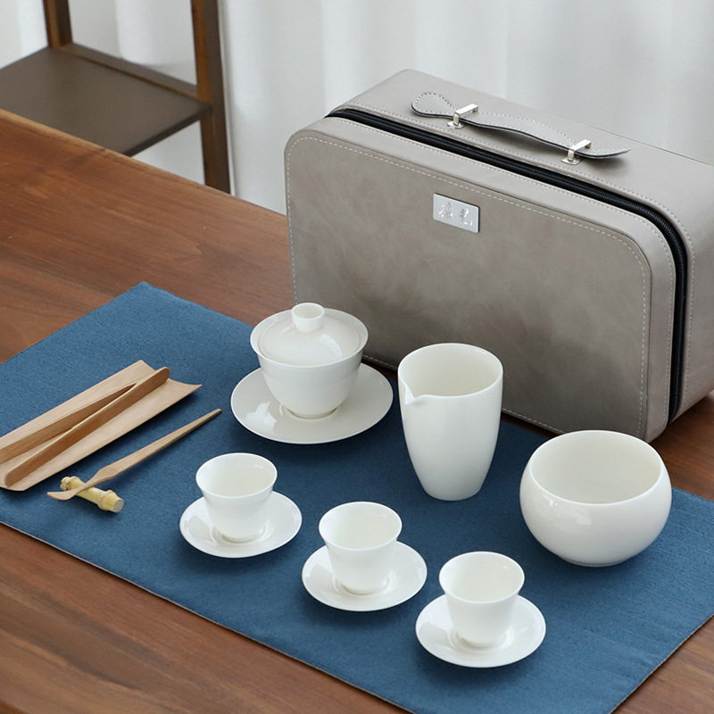 茶艺表演教学套组德化羊脂玉白瓷旅行茶具便携包收纳茶具商务包