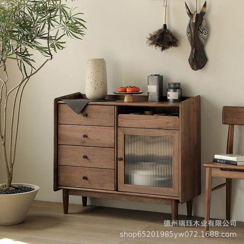 日式实木餐边柜黑胡桃储物柜小户型沙发边柜客厅茶水柜入户玄关柜