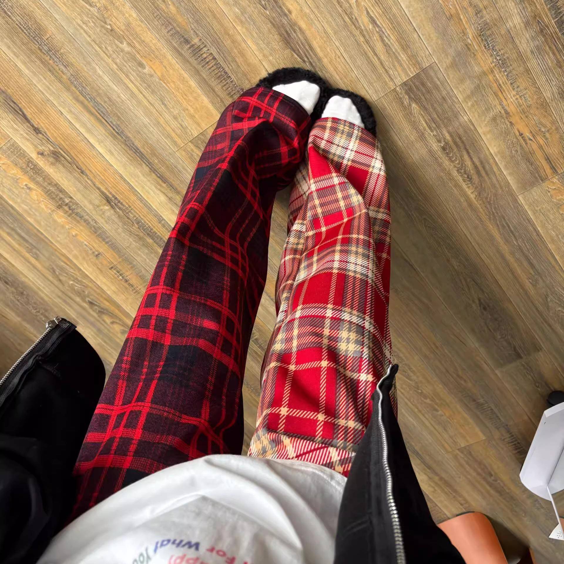 红色格子糯米裤女秋冬季加绒加厚垂感慵懒松弛感裤子宽松休闲裤