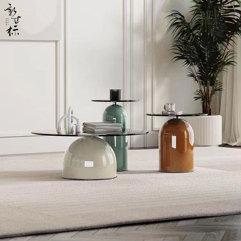 现代简约客厅茶几家用圆形小户型轻奢设计师钢化玻璃组合创意