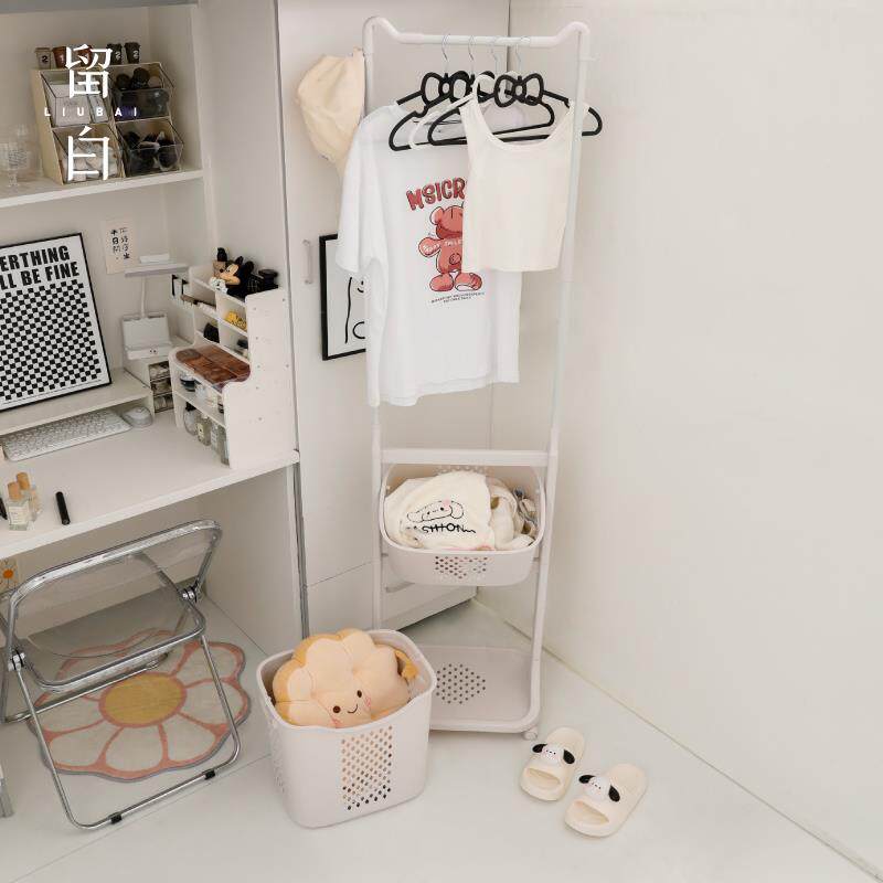 7T小型衣帽架宿舍学生用隔夜衣架可移动脏衣篮收纳筐简易落地挂衣