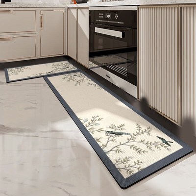 QOINENCI简约中式花纹厨房地垫皮革厨房垫防水防油耐磨防滑脚垫清