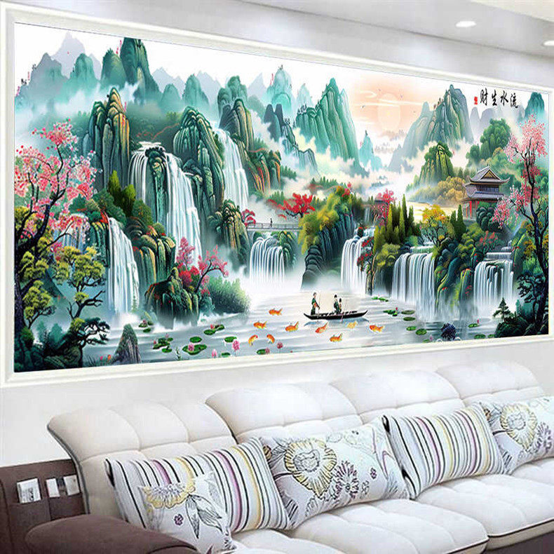 流水生财十字绣2024新款客厅挂画风景山水画现代简约满绣九鱼聚财