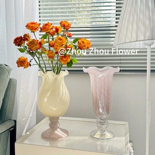 風(fēng)燈鈴蘭新品 復(fù)古花瓶插花藝術(shù)玻璃花器中高級琉璃花瓶 古高腳法式