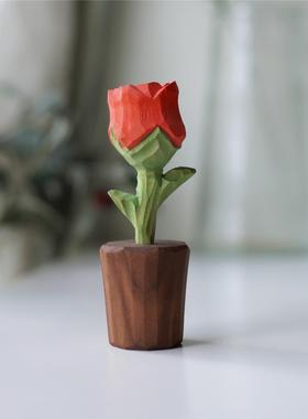 Joe的小作坊/木雕玫瑰花摆件会变色的创意纯手工北欧风情人节礼物