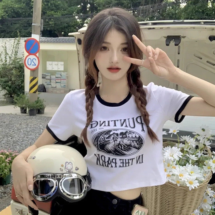 美式复古短袖t恤女2026新款夏季小个子修身正肩体恤印花短款上衣