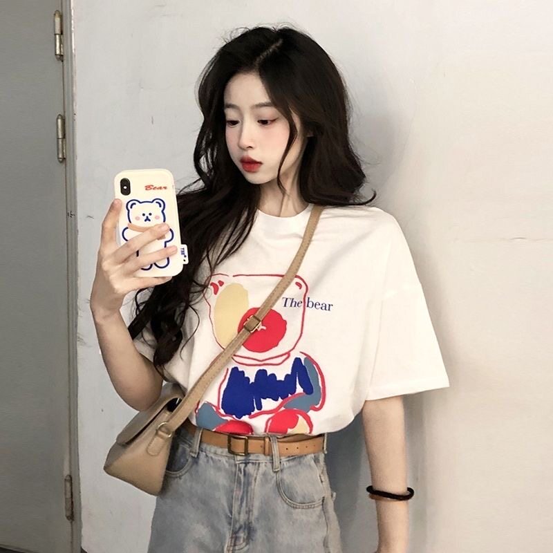 2025超可爱白色短袖夏季学生党新款印花百搭小熊上衣情侣装闺蜜装