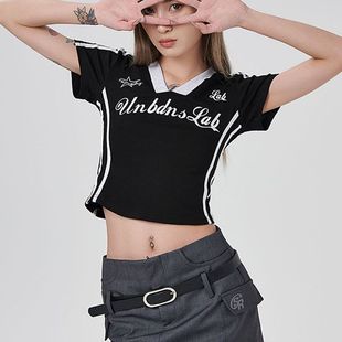 T恤女上衣ins 美式 纯欲风别致短款 正肩t恤新款 复古辣妹v领显瘦修身